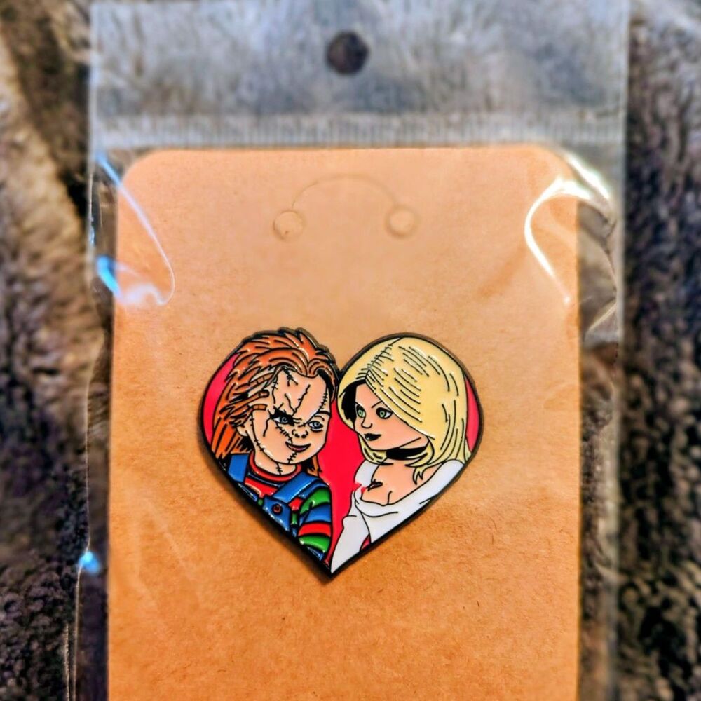 Chucky and Tiffany Childs Play Heart Shaped Enamel Pin- Horror Movie Couple Gift